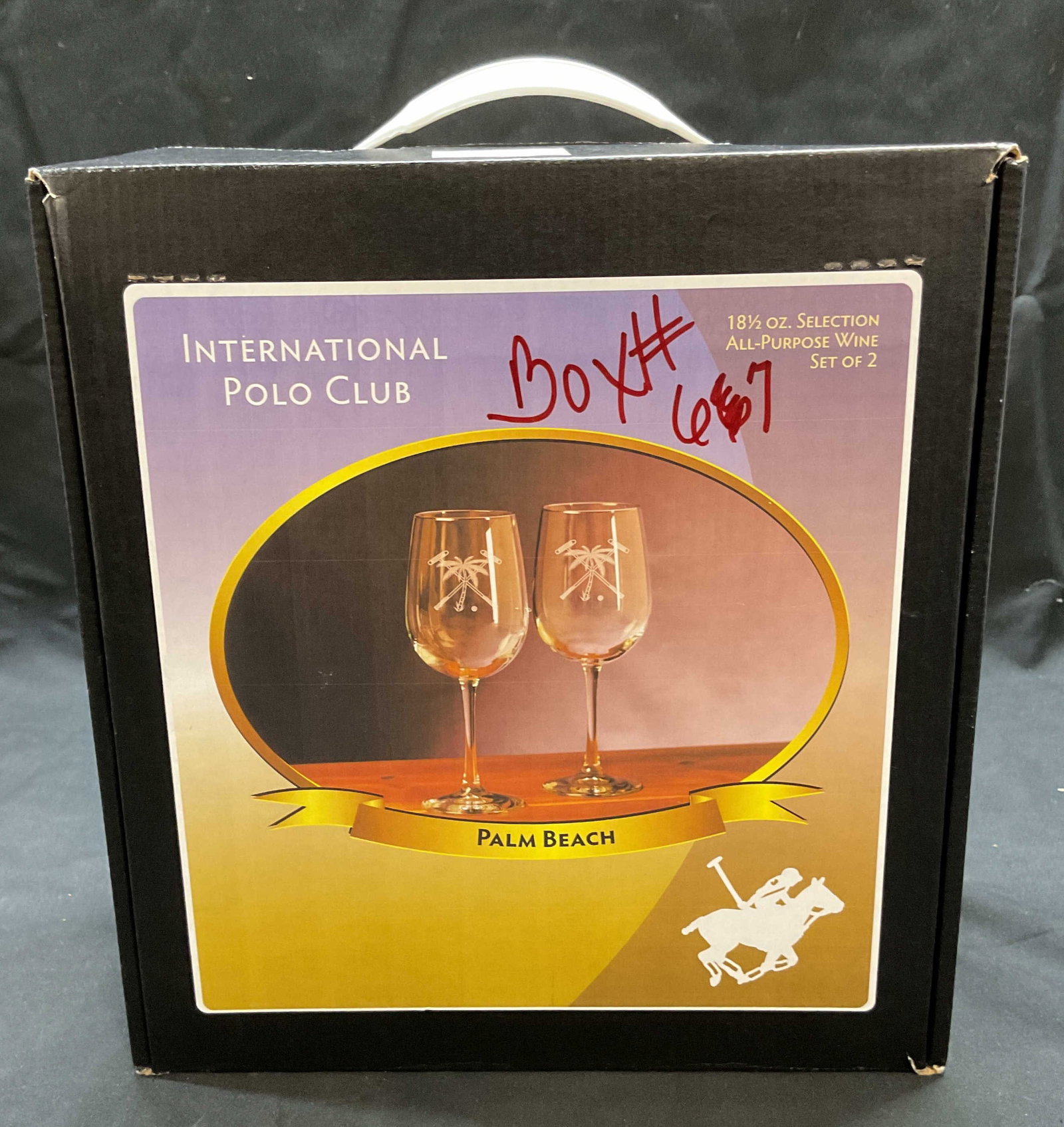 Intrntl Polo Club Palm Beach Wine Glasses NIB: International Polo Club Palm Bead wine glass set. 2 glasses. New in box. Etched polo club and palm tree motif. Not examined out of box. Box measures approx. 9 x 4.5 x 10 inches. International polo clu