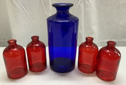 Group Lot Vintage Red & Cobalt Blue Glass Bottles