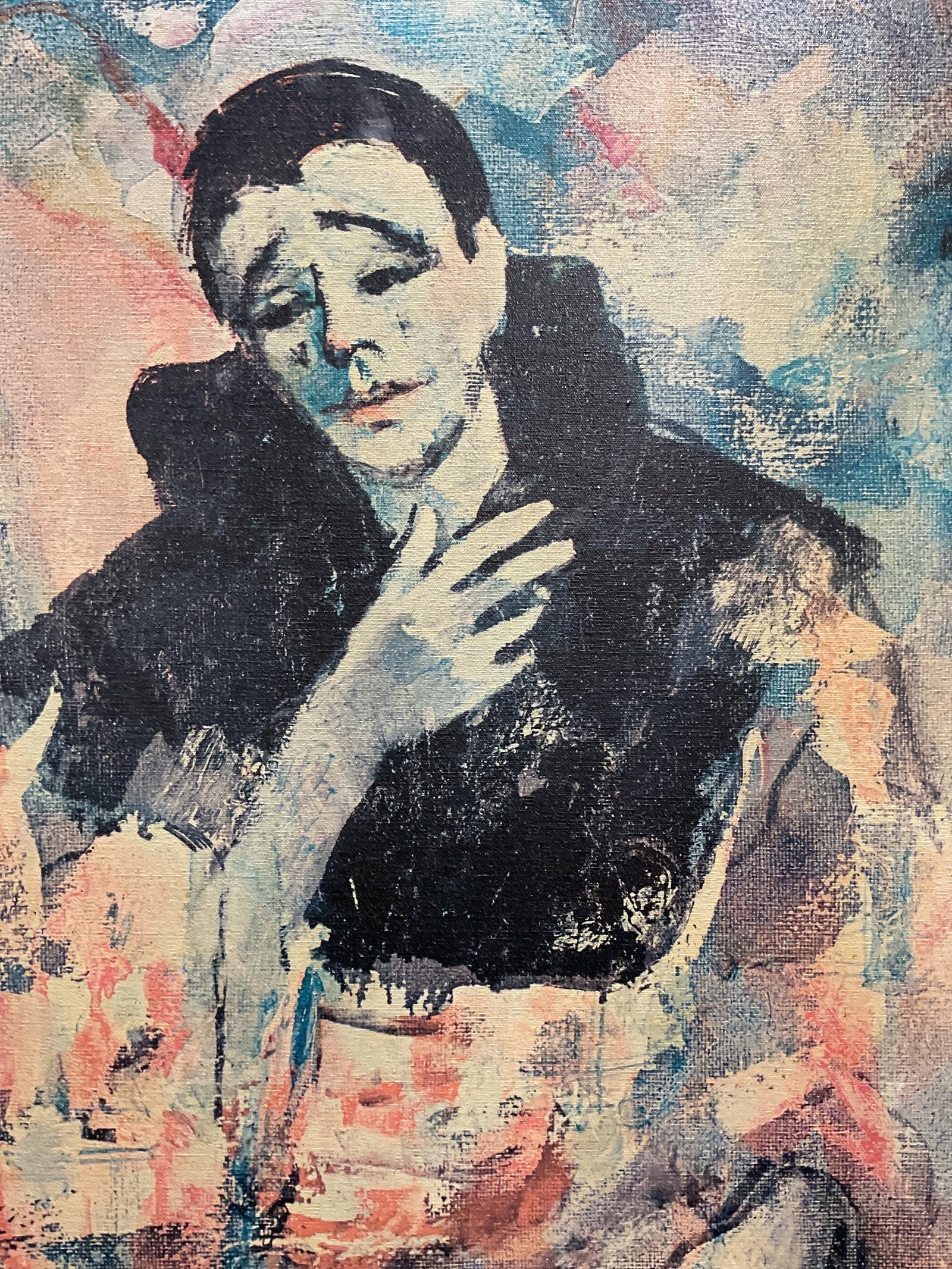Nathan Wasserberger Sad Clown Canvas Print: Nathan Wasserberger fine art canvas print. Sad Clown. Male figure with melancholy expression. Labeled on stretcher bar. Measures approx 21.75 x 27.75 inches. Some wear including rubbing and blemishes 