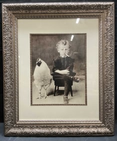 Framed Antique Repro Print, Boy & Chicken