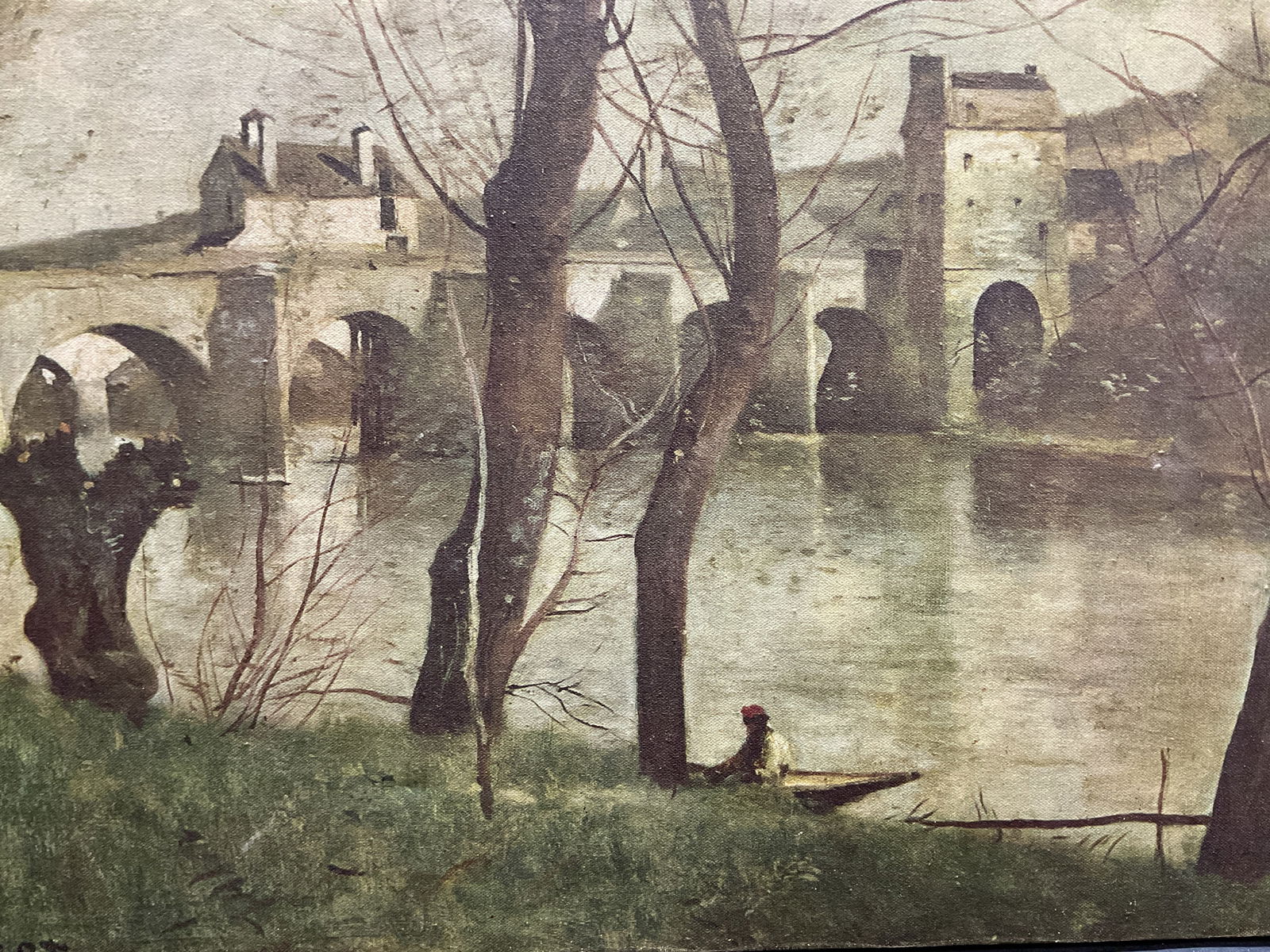 Camille Corot Bridge of Nantes Canvas Print: Camille Corot fine art canvas print. Bridge of Nantes. Landscape with view of bridge over water and figure. Artist signature in print at lower left. Labeled on stretcher bar. Canvas measures approx 18