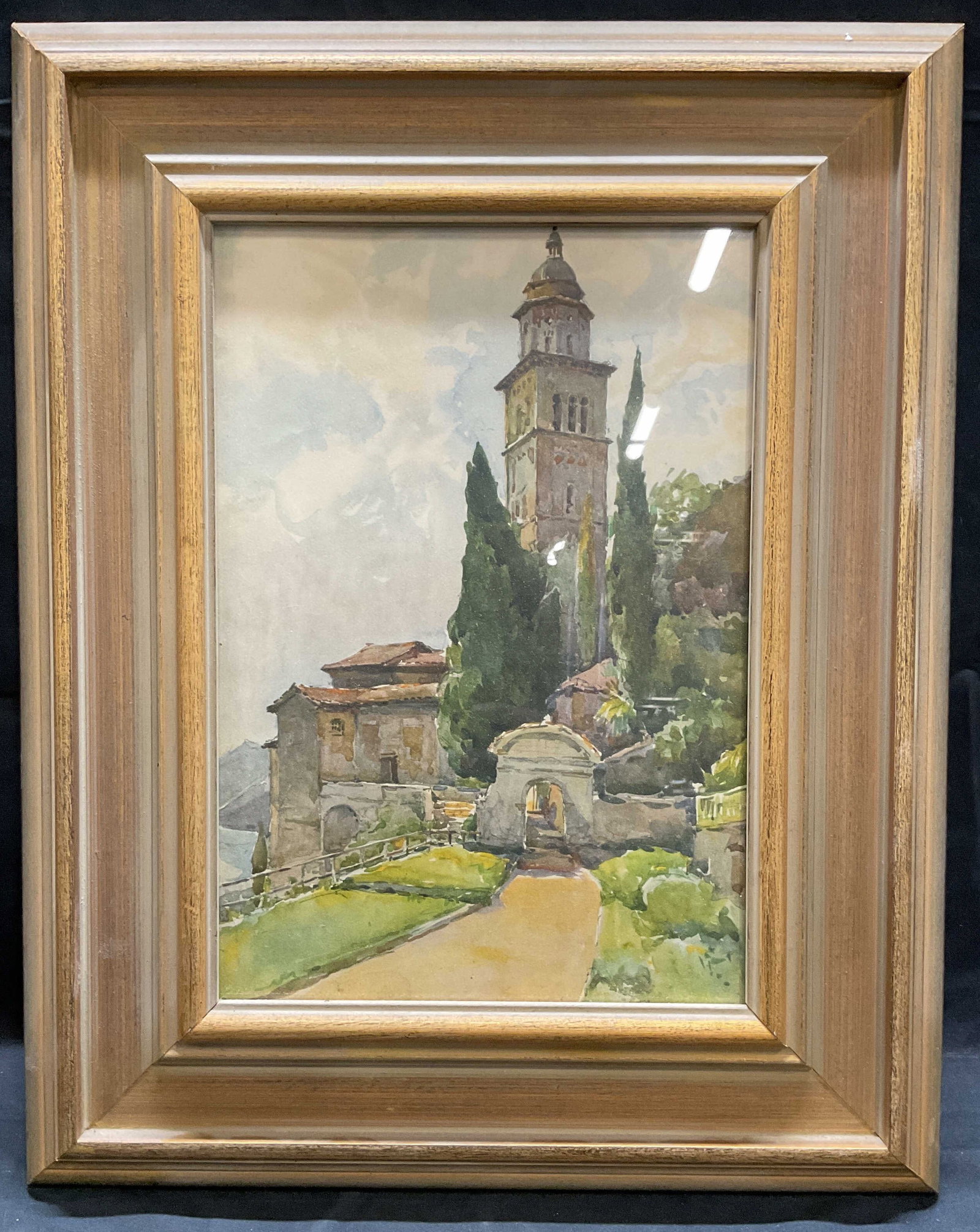 Framed Markovitch Switzerland Watercolor Print: Framed print of an original watercolor painting by Marc Markovitch. Morcote, Switzerland. View of Lake Lugano from the Santa Maria Del Sasso church. Artist signature in print at lower right, obscured 