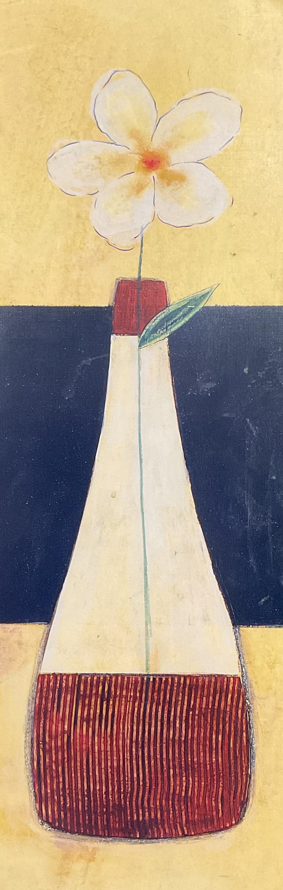 Susan Osborne Springs Delight Art Print: Fine art print on board. Springs Delight by Susan Osborne. Artist signature in print, lower right. Still life with flower in vase, hues of yellow and blue. Measures approx 23.75 x 7.75 inches. Some we