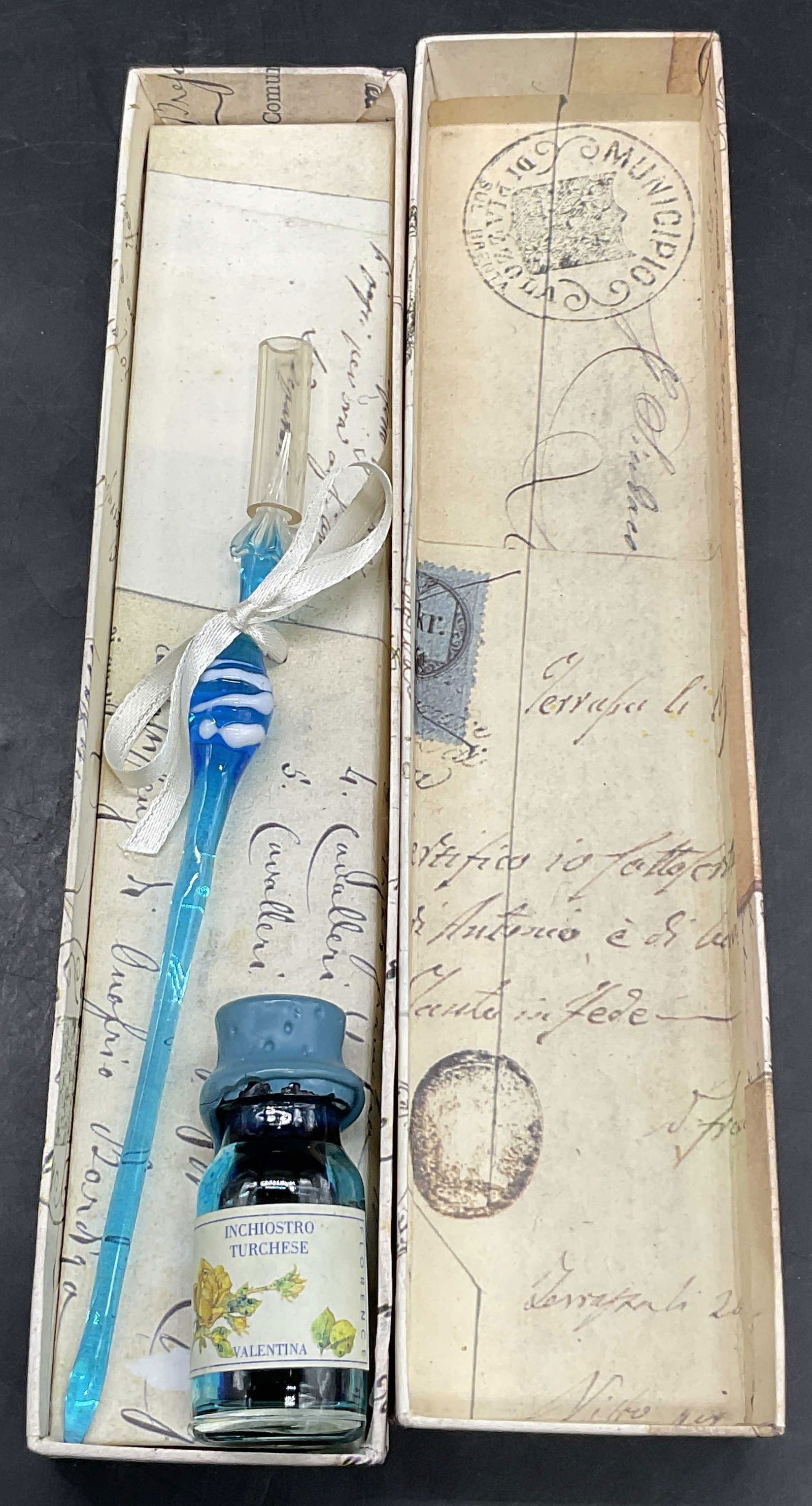 Italian Art Glass Pen & Ink Gift Set, Original Box: Handmade Blue Art Glass Pen & Ink Artisan Gift Set. Contained in original box. The ink is sealed with blue wax. The bottle reads Made in Italy, INCHIOSTRO TURCHESE, VALENTINA. The box measures approx.