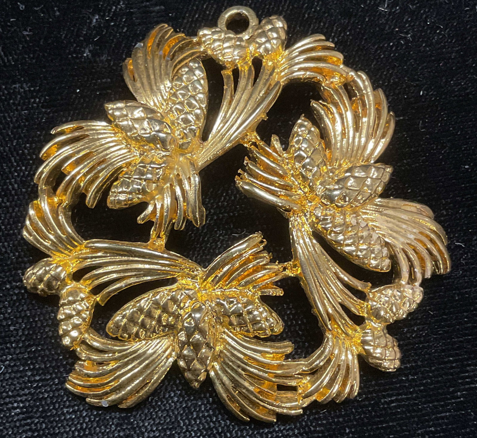 Signed TC Gold Tone Pinecone Pendant: Signed TC gold tone pinecone motif pendant. Measures approx 2 x 2 inches. Some wear including scratching observed. Jewelry, estate jewelry, costume jewelry, cocktail jewelry, fashion jewelry, accessor