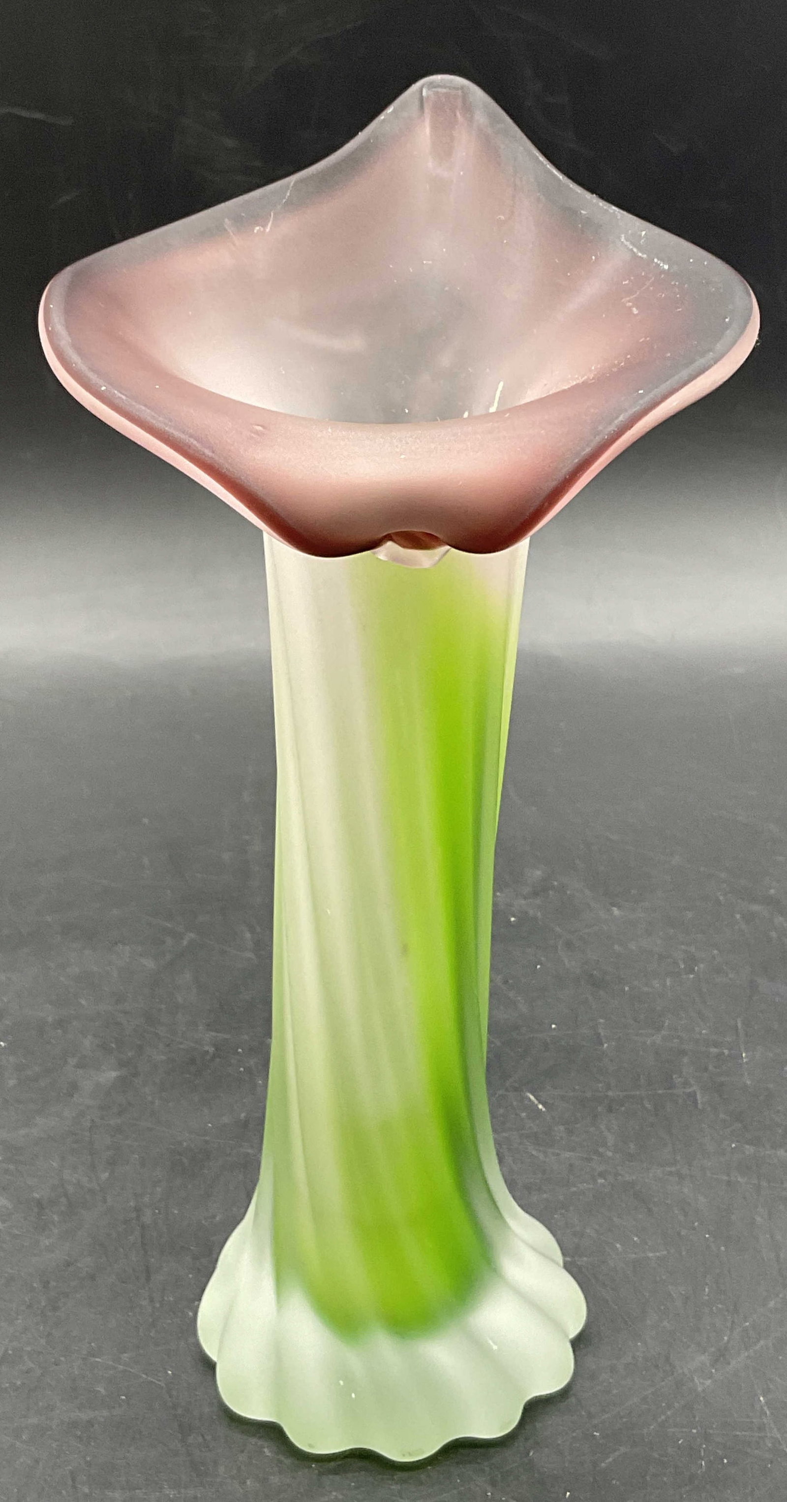 Vintage Frosted Art Glass Jack in the Pulpit Vase: Vintage Frosted Art Glass Jack in the Pulpit Vase. Primarily green, purple, and frosted hues. Measures approx. 7.5H x 3.5W in. Pontil to underside. Surface wear consistent with age, use, and exposure.