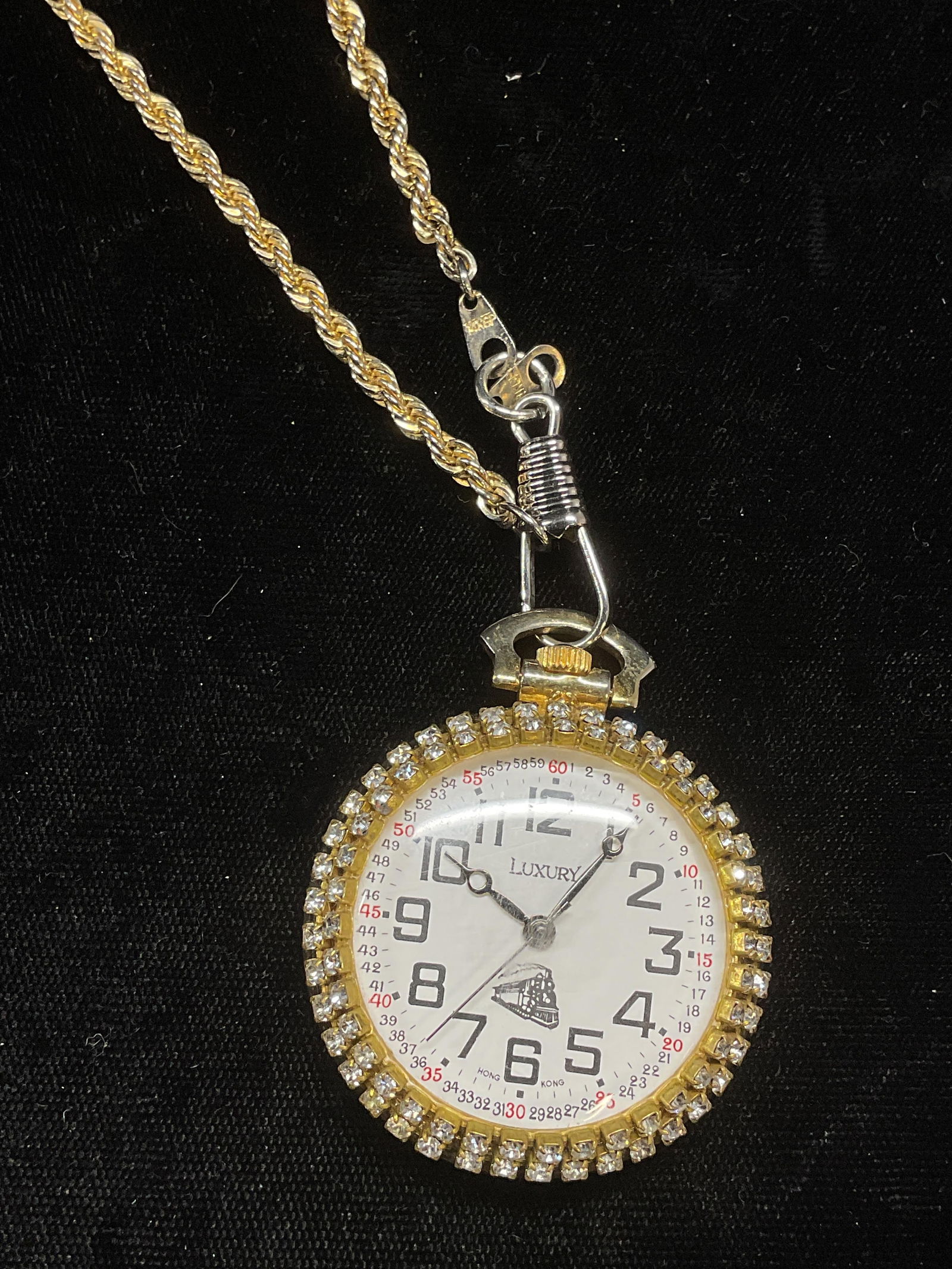 Luxury Gold Pl Crystal Pocket Watch w Fob Chain (1 of 6)
