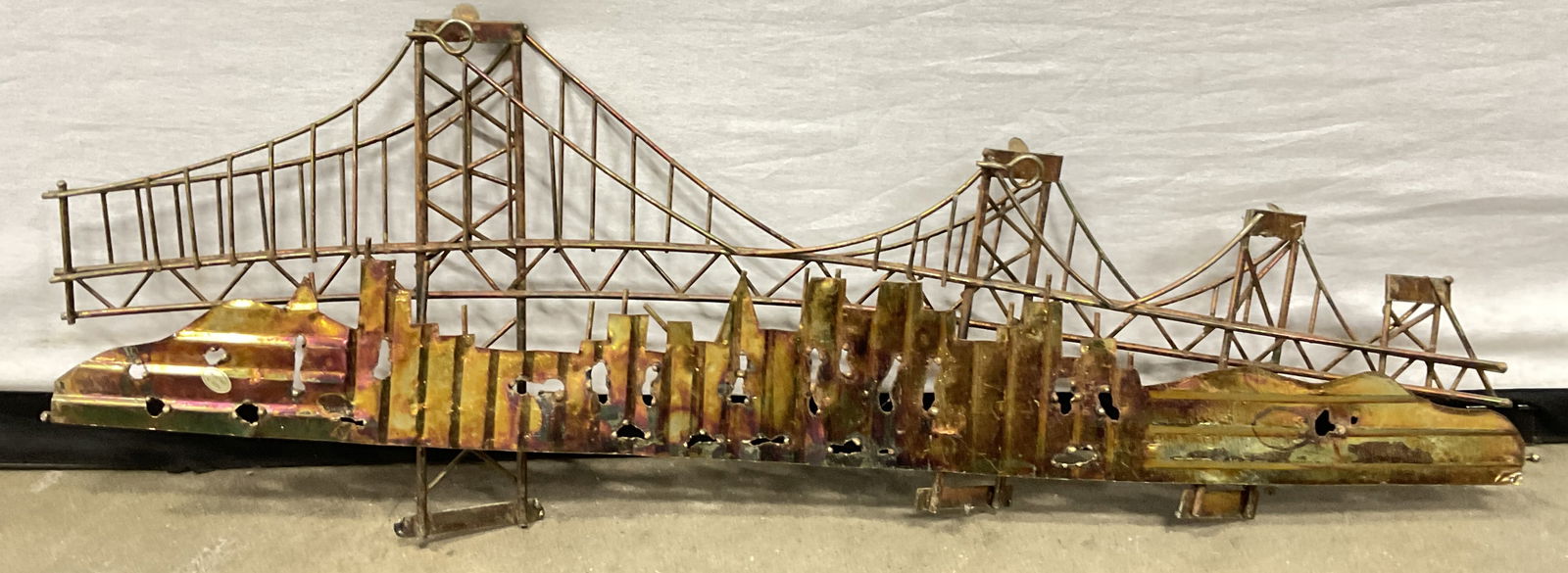 Vntg Curtis Jere Style Metal Bridge Sculpt HK 2ft: Vintage Curtis Jere Style Metal Bridge Sculpture. Measures approx. 24.5W x 8.5L in. Sticker reads Made in Hong Kong. Surface wear consistent with age, use, and exposure. home decor, home accents, home
