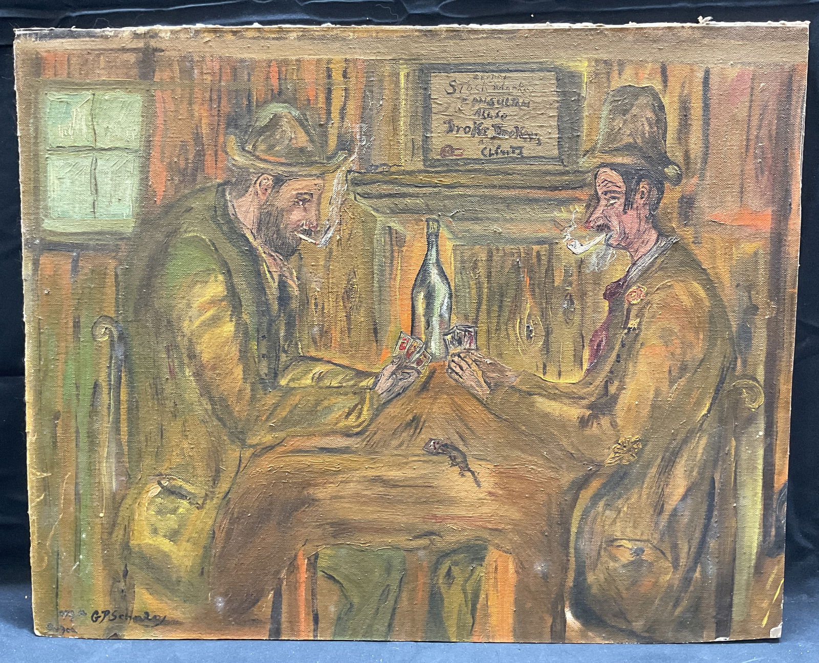 ANTIQUE OIL PAINTING BAR PIPE MAN ①と② 2点