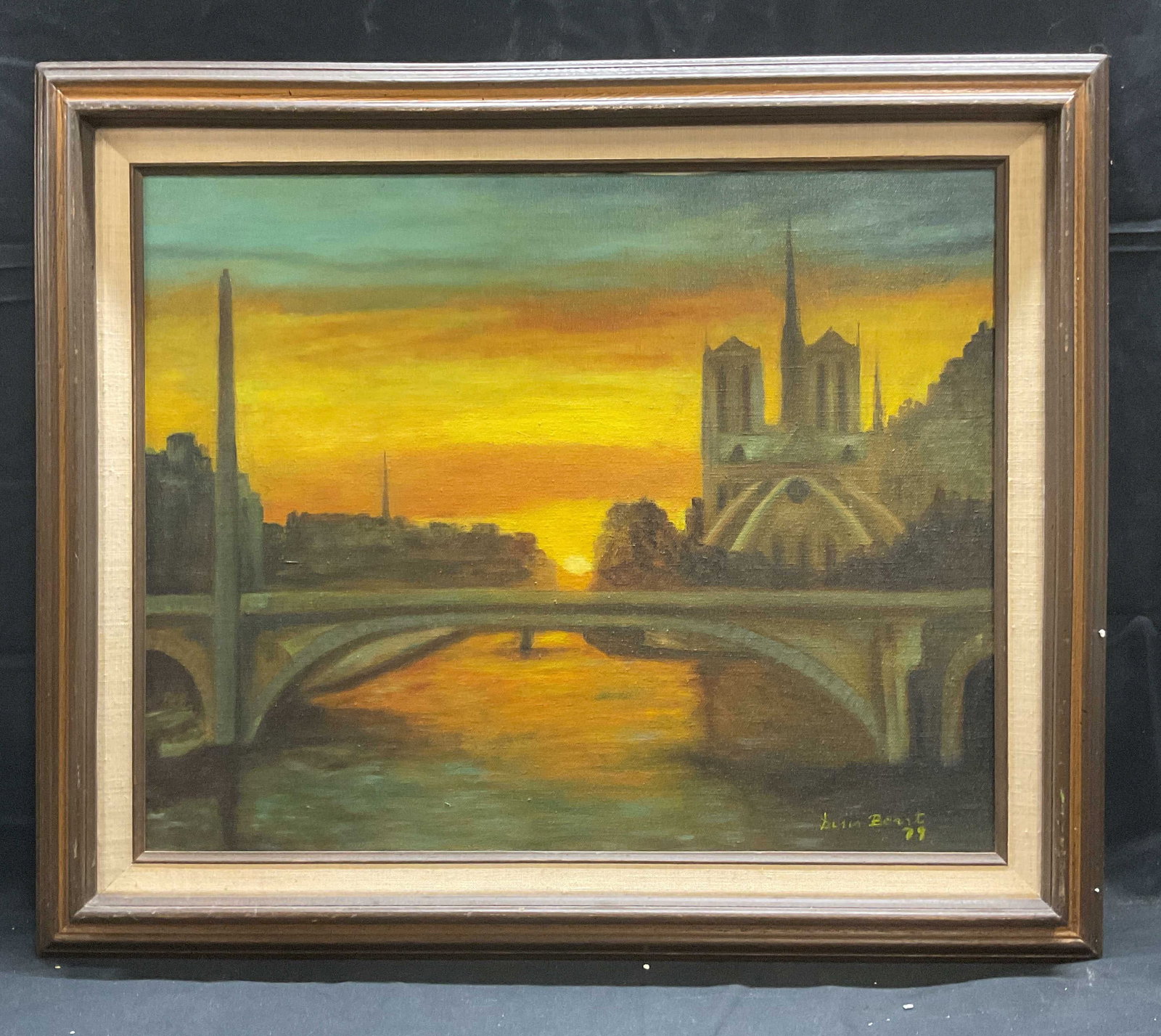 Doris Borst Paris Sunset Scene Oil Painting 1979: Framed and signed oil painting by Doris Borst. Signed and dated at lower right, 1979. View of a Paris landscape at sunset with bridge and buildings. Possibly Pont De La Tournelle. Framed in wood frame