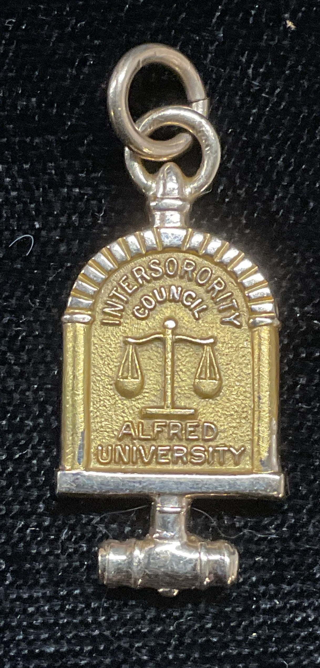 1967 14k Gold University Sorority Pendant: 1967 Alfred University (New York) Inter Sorority Council member pendant. Marked 14k gold. Engraved on underside. Measures approx 1 x .5 inches. Total weight 2.2 dwt. Some wear including scratching obs