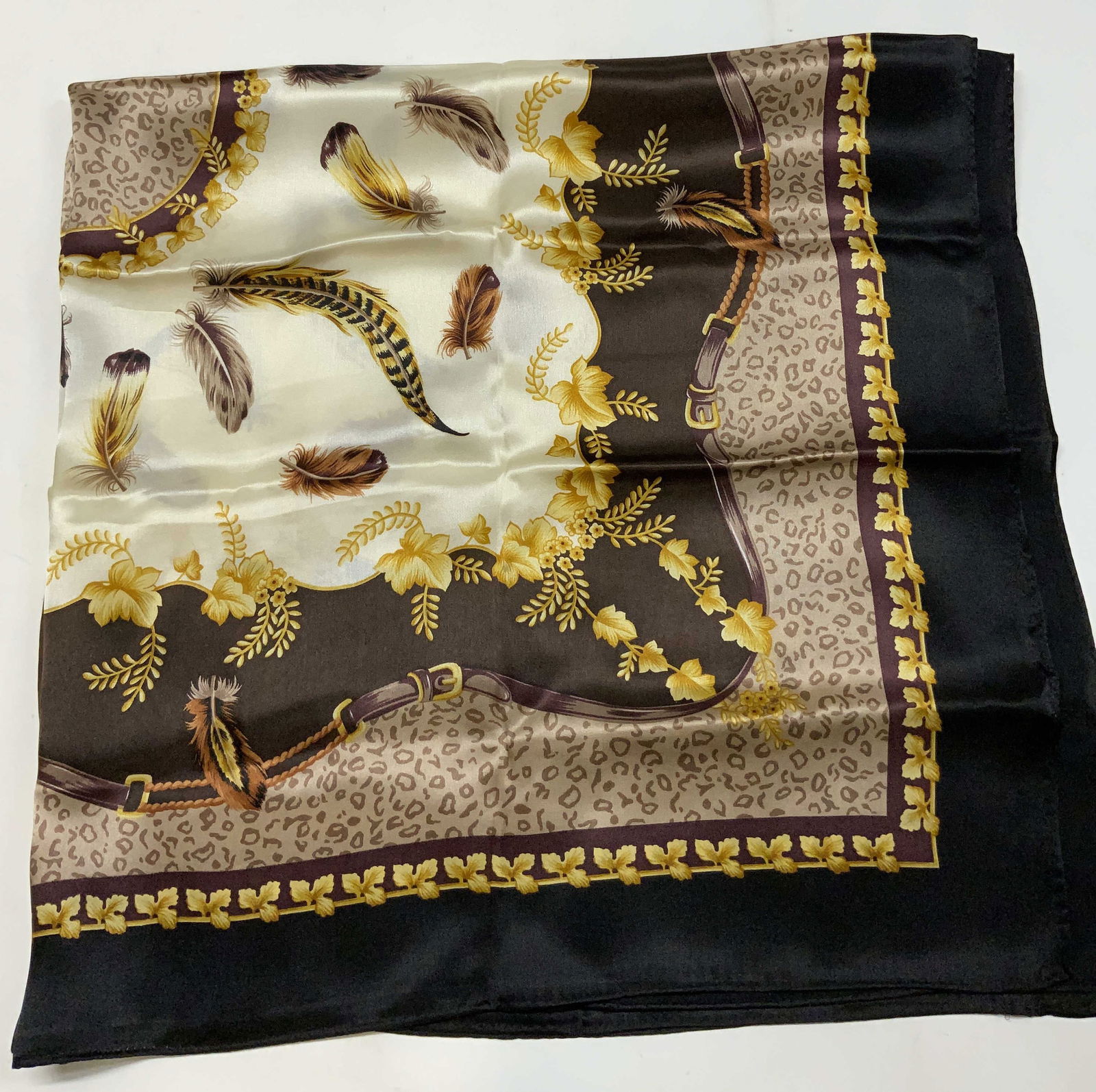 Black Silk Scarf w Leopard & Feather Pattern (1 of 8)