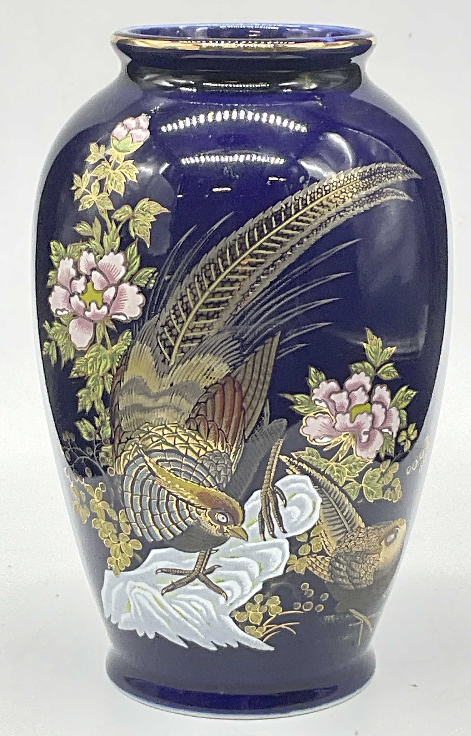 MCI Vintage Cobalt Blue Pheasant Motif Vase Japan: MCI Vintage Cobalt Blue Pheasant Motif Vase. Sticker to underside reads MCI JAPAN. Measures approx. 6.5H x 3.5W in. Surface wear consistent with age, use, and exposure. home decor, home accents, homew