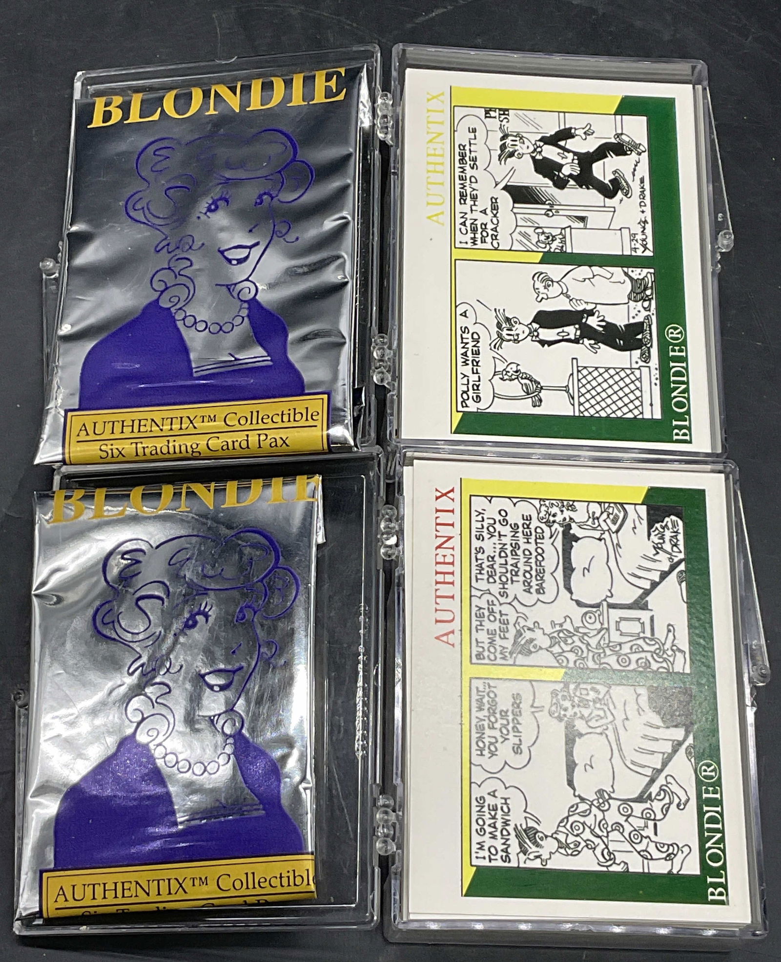 Grp 1995 King Features Syndicate Blondie Cards: A group lot of 1995 King Features Syndicate BLONDIE AUTHENTIX COLLECTIBLE Trading Cards. Hard plastic containers holding the cards measure approx. 3.75L x 2.75W in. Comes with some card packaging. Not