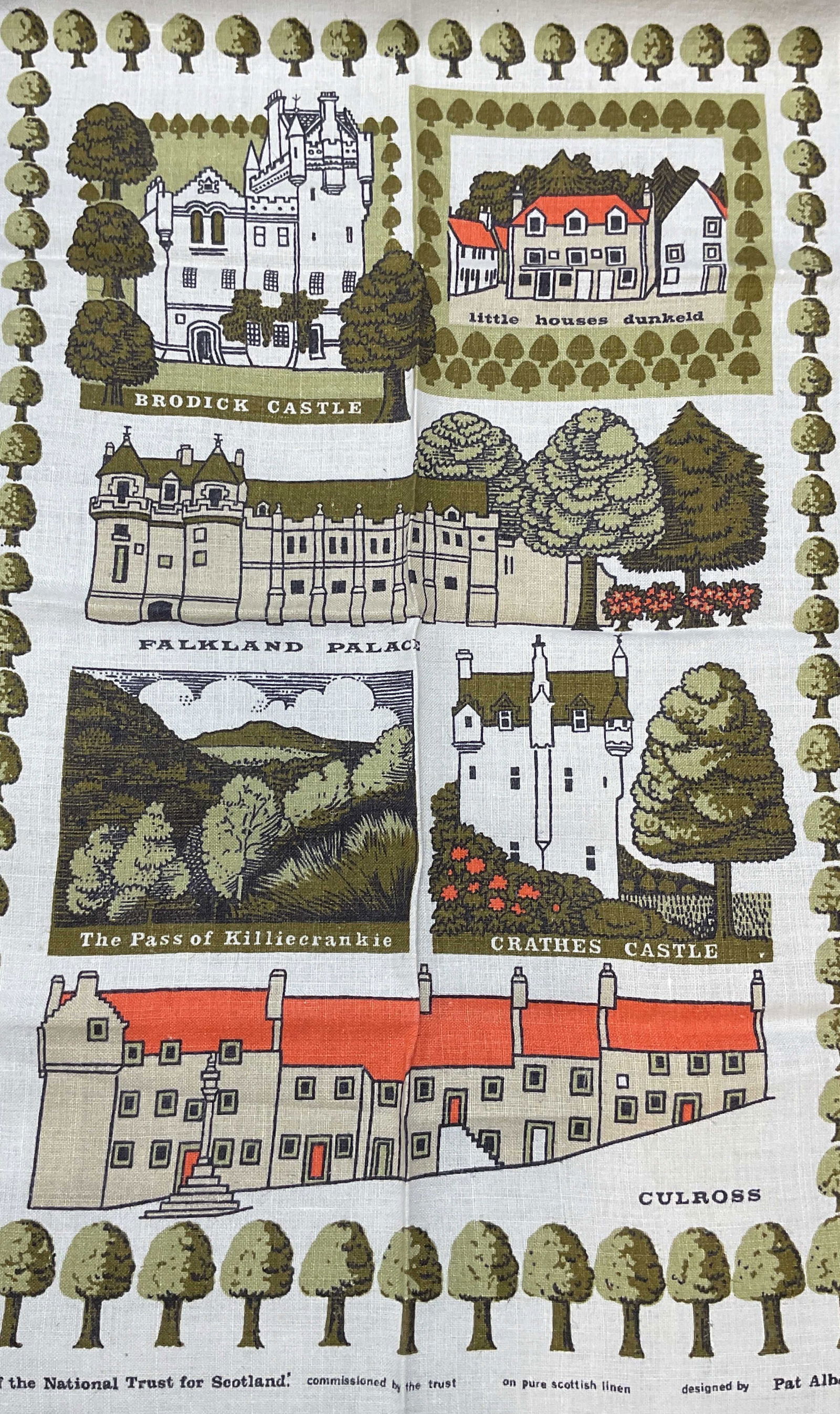 Vtg Scotland National Landmarks Linen Tea Towel: Vintage Properties of the National Trust for Scotland linen tea towel. Landmark and nature print. Measures approx 29.5 x 18 inches. Some wear including small blemishes. Linen tea towel, Scotland tea t