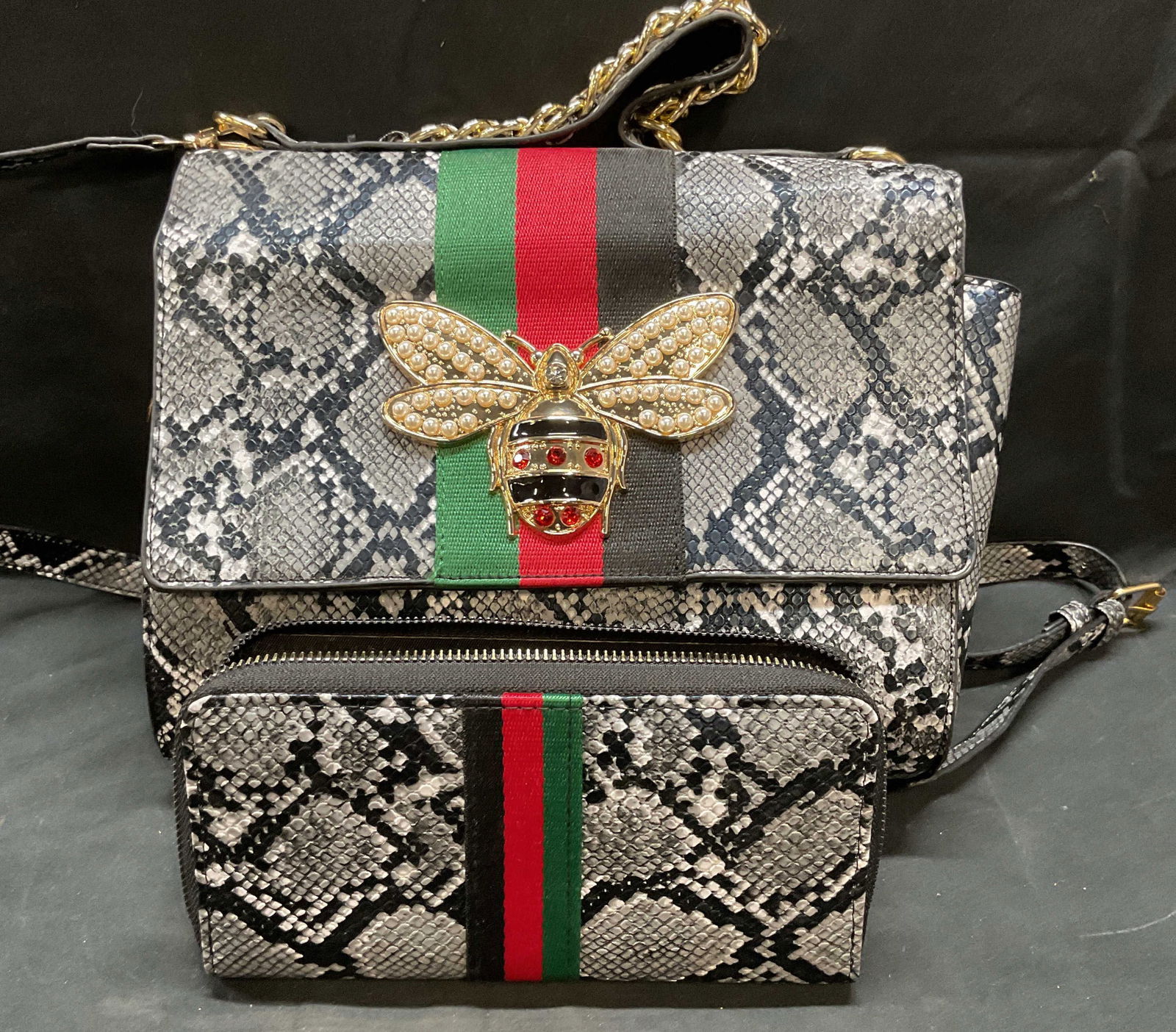 Faux Snakeskin Bejeweled Bee Handbag & Wallet (1 of 7)