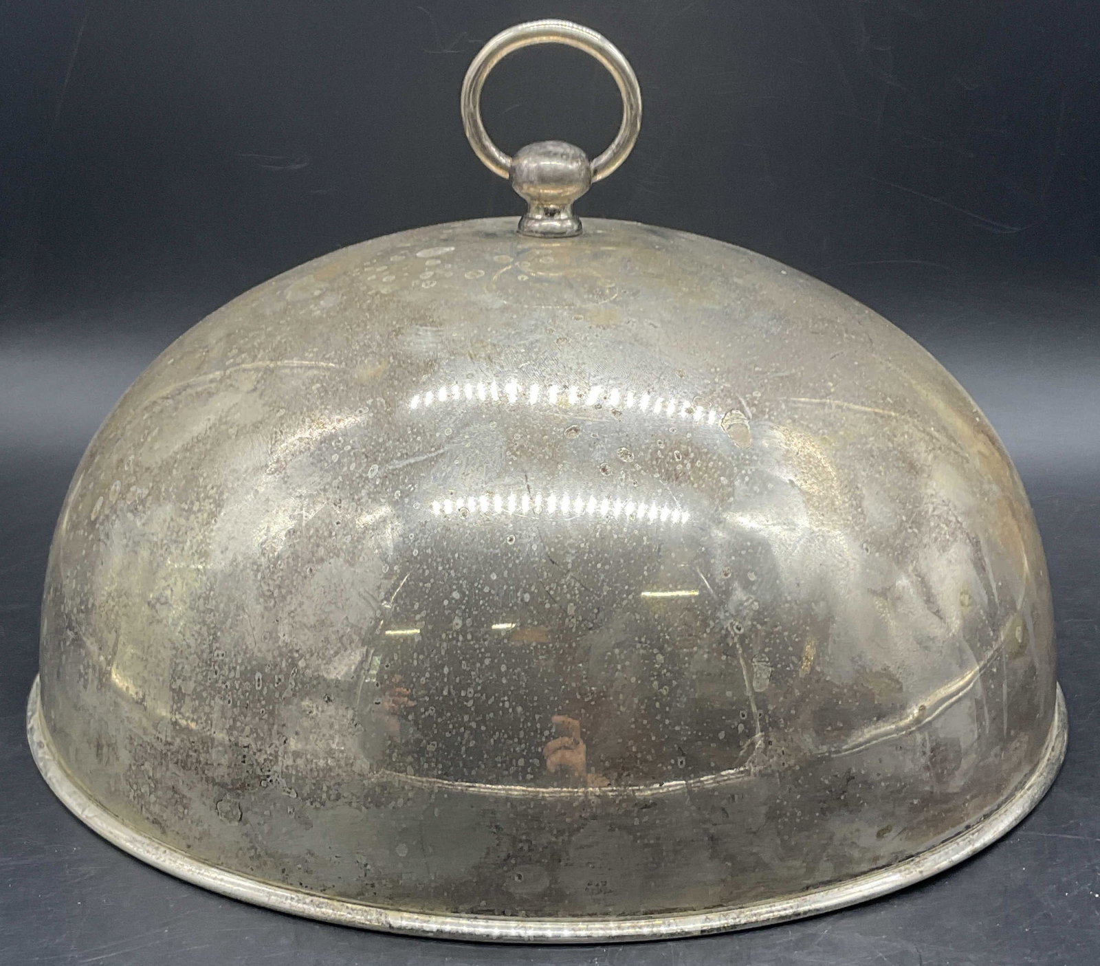 Vintage Silver Tone Metal Dome Cloche: Vintage Silver Tone Metal Dome Cloche. Round finial to the top. Measures approx. 7H x 11.25W in. Surface wear consistent with age, use, and exposure. home decor, home accents, homewares, housewares, h