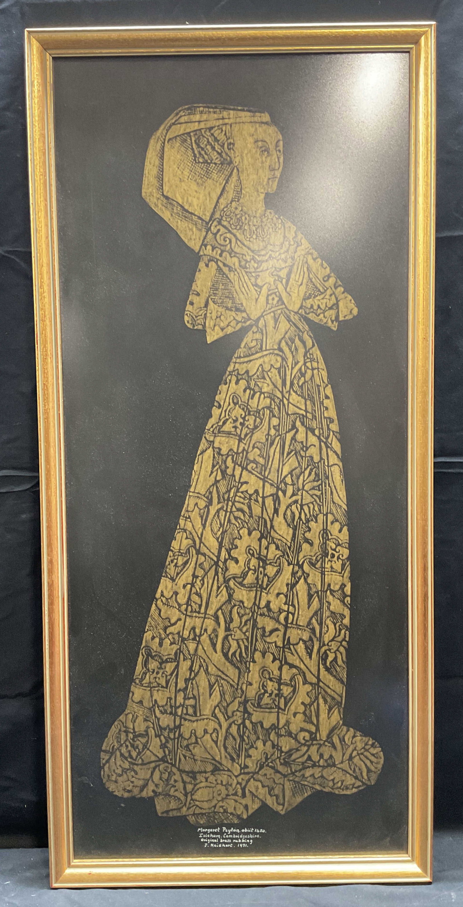 Signed Brass Rubbing Margaret Bernard Peyton: Framed brass rubbing of Margaret Bernard Peyton. Signed J Neidhart, 1971. Gilt wood frame. Not examined out of frame. Frame measures approx 33.25 x 15.25 inches. Some wear consistent with exposure. Br