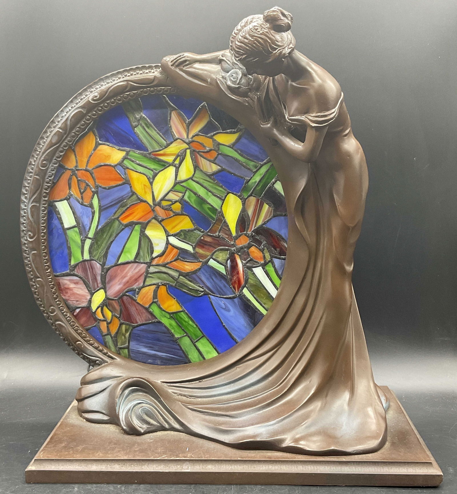 Art Nouveau Female Figural Stained Glass Lamp (1 of 12)