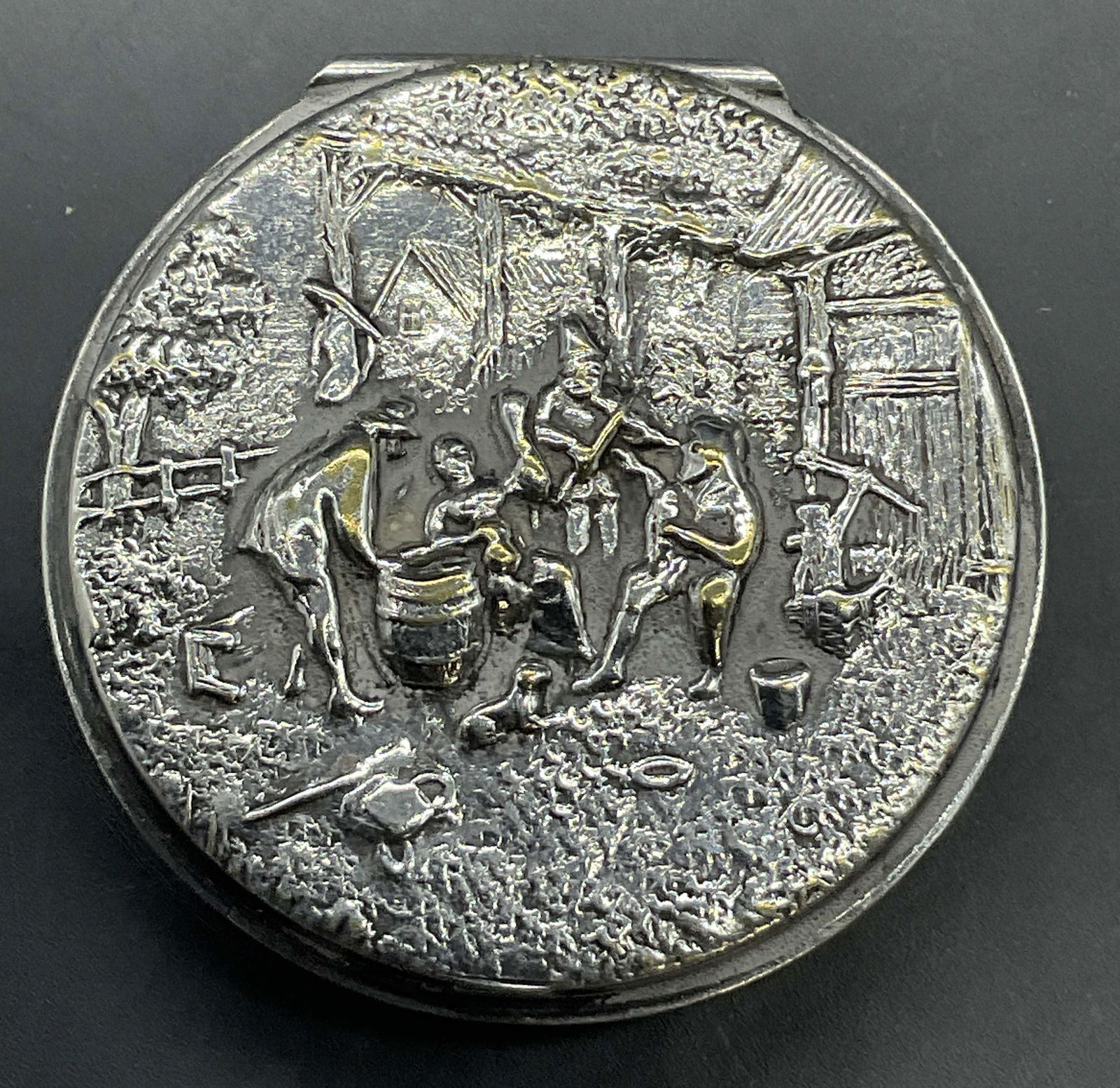 Vntg Silver Plated Tavern Scene Pill Box, Denmark (1 of 7)