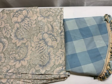 Lot 2 Blue Floral & Checkered Silk Tablecloths