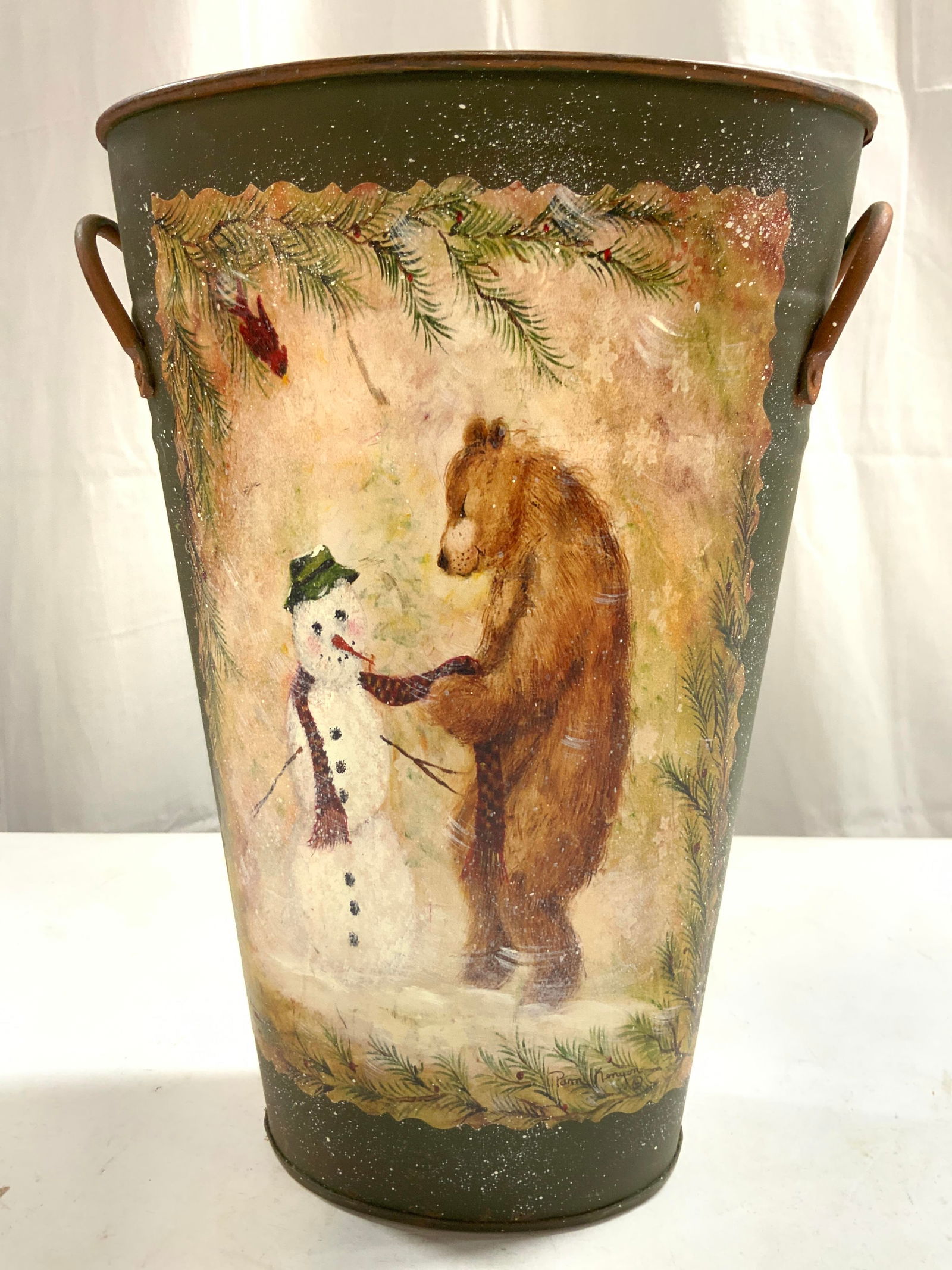 Vintage Christmas Toleware Bin W Handles 11in (1 of 8)