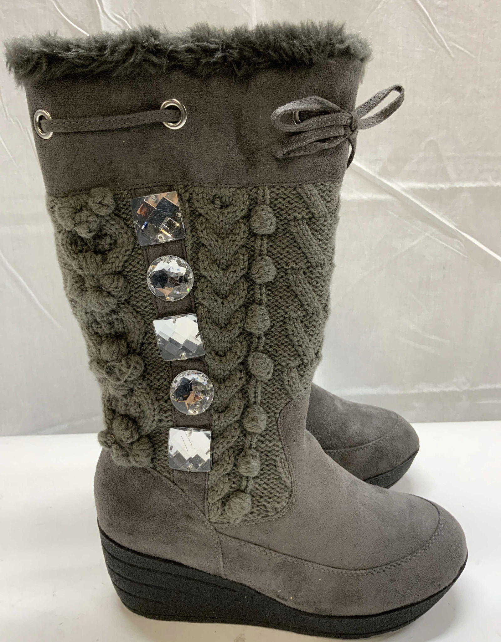 Joan Boyce Charcoal Boulder Boots NIB: Joan Boyce Charcoal Boulder Boots NIB Size 7 charcoal boulder boots, they have square & round rhinestones on the side of the boots. As well as a decorative lace in the front & knitted details. BRAND N