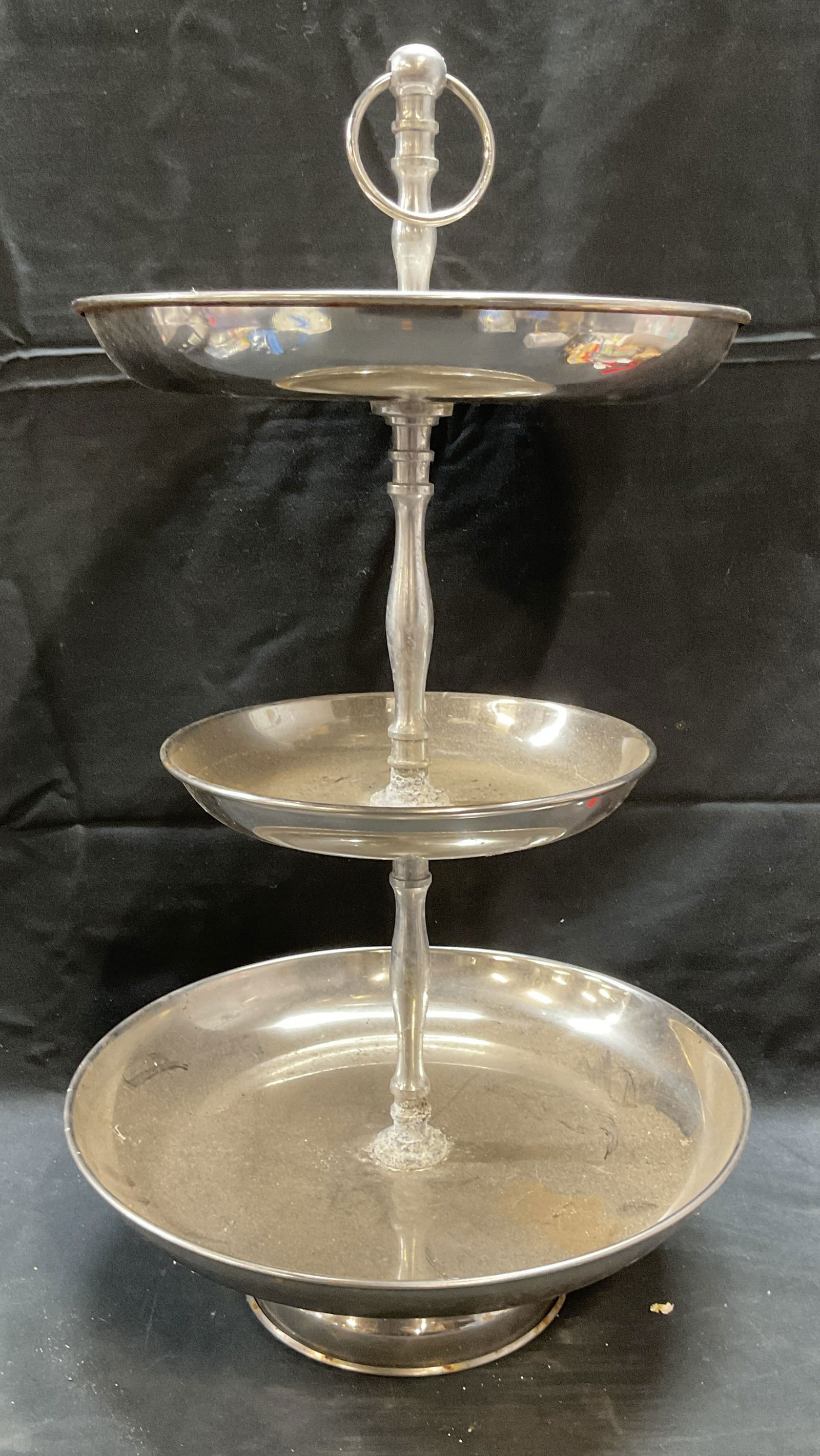 Silver Tone Three Tier Cake Stand: Silver tone metal three tier cake stand. Measures approx 12 x 17 inches. Some wear including scratching observed. Cake stand, three tier cake stand, dessert stand, tableware, table accessories, homewa