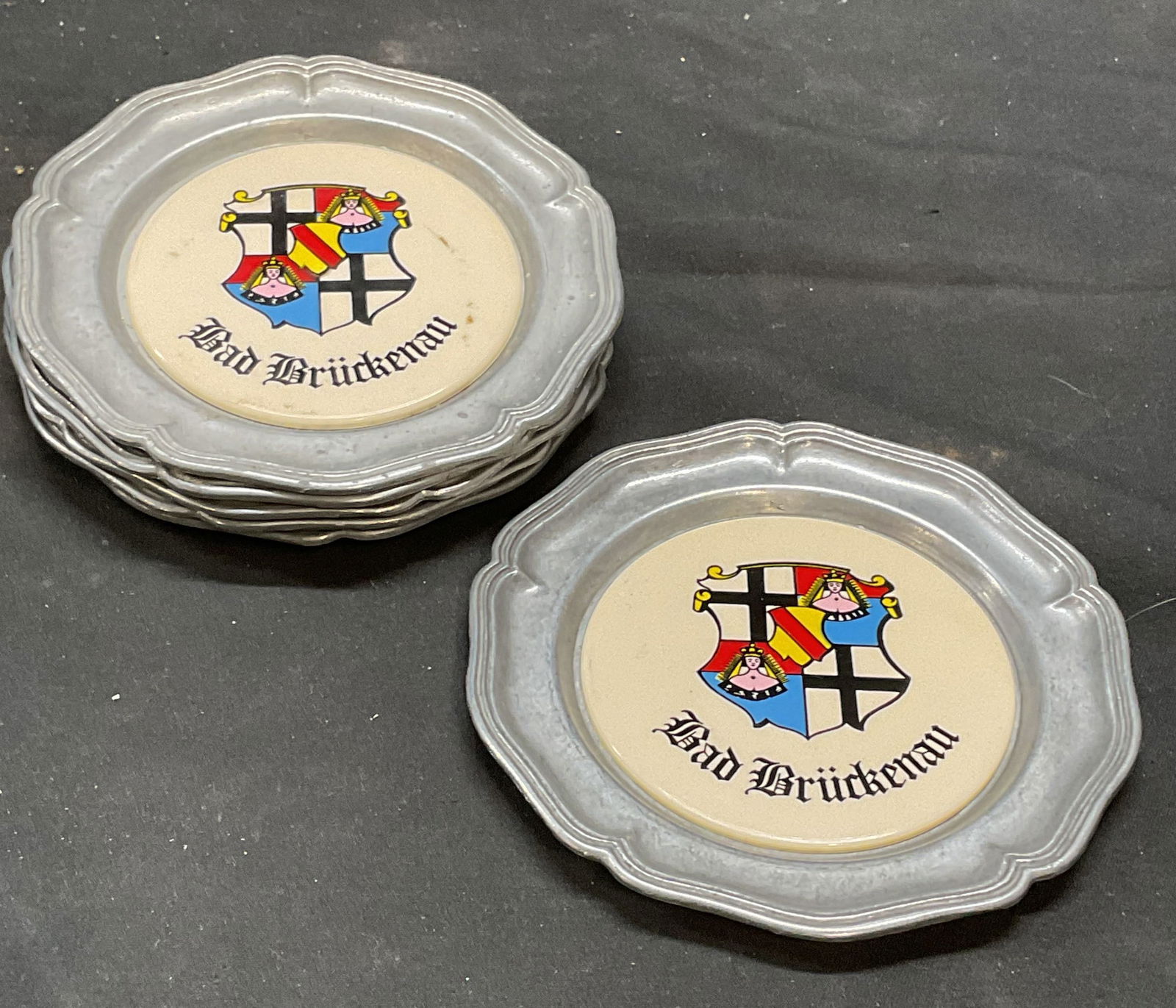 Set 6 Sgn Pewter Ceramic Bad Bruckenau Coasters (1 of 6)