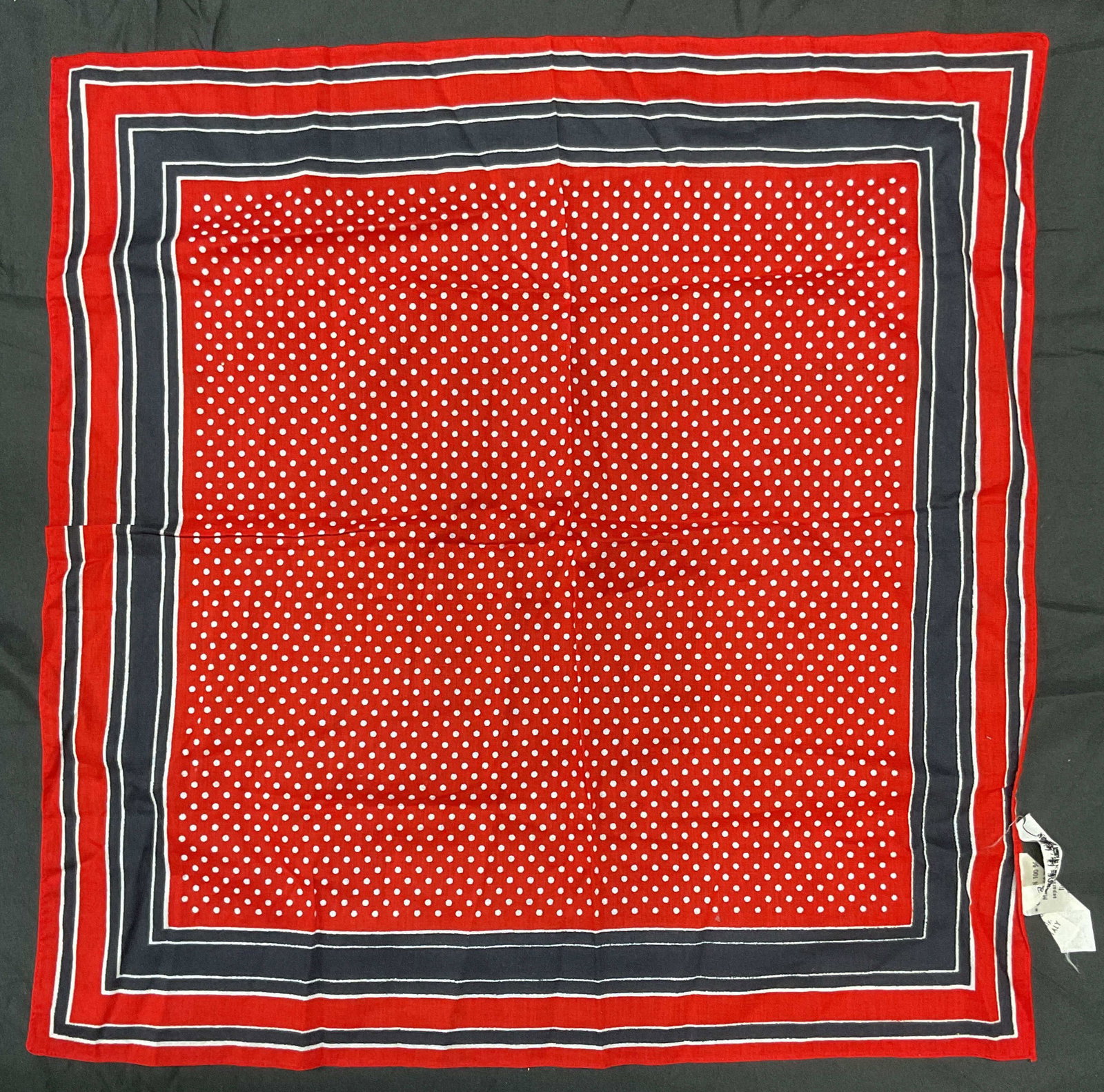 Robinson & Golluber Red Cotton Scarf, Italy: Robinson and Golluber cotton scarf. Graphic dot and stripe print in red and black. Made in Italy. Measures approx 20 x 19 inches. Some wear consistent with exposure. Robinson and Golluber, designer sc