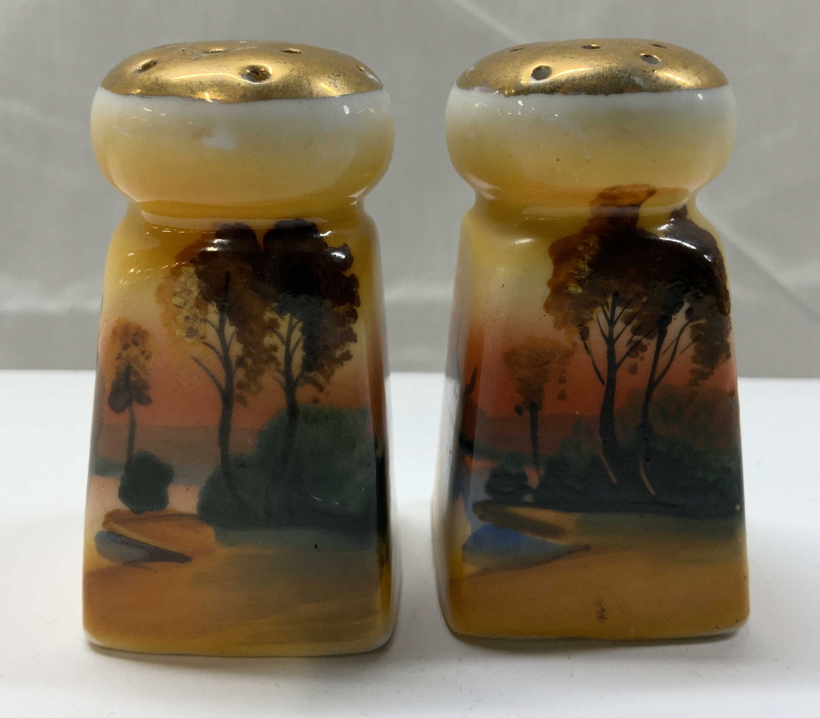 Vintage Landscape Salt&Pepper Shaker JAPAN: Vintage Hand-Painted Landscape Salt&Pepper Shaker JAPAN Pair of porcelain salt & pepper shakers, they have a gold finish on the top & hand-painted landscape features. Including trees & sunset. Undersi