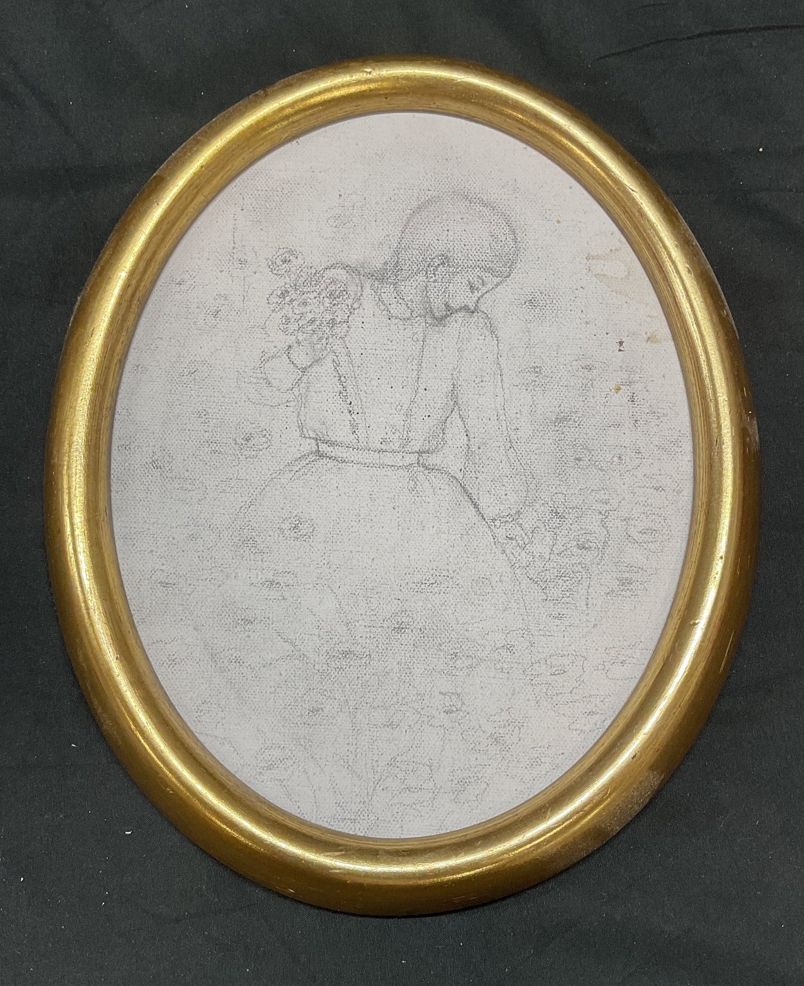 Framed Woman with Flower Drawing on Canvas: Framed drawing on canvas. Woman with flowers. Oval gilt wooden frame. Artwork not secured to frame. Frame measures approx 10 x 8 inches. Wear consistent with exposure. Art, drawing, woman, flowers, gi