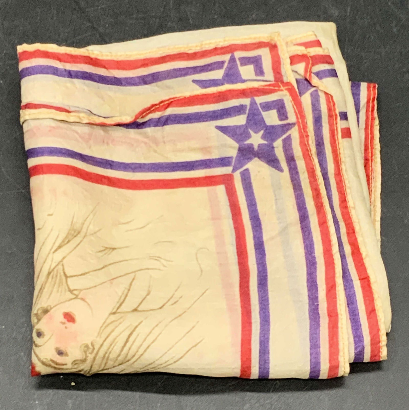 Vintage Nurse Motif Silk Scarf: A vintage nurse motif scarf. Cream, red, and blue hues. Crafted from a soft hand material, possibly silk. Measures approx. 17W x 16L in. Some holes, discoloration, and surface wear to piece. Collectib