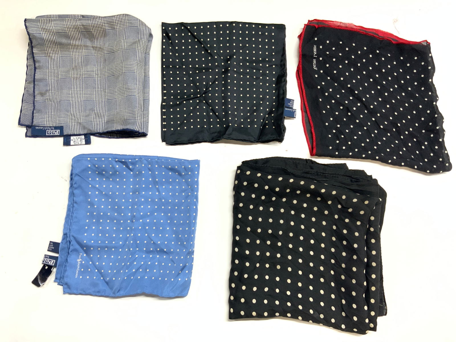 RALPH LAUREN Lot 5 Assorted Fashion Accessories: Tags & trademarks each read RAPLH LAUREN. Lot includes 2 scarves. Each black with white toned polka dot detail, 1 with red toned edges & 3 pocket squares (1 light blue with white polka dots, 1 black w