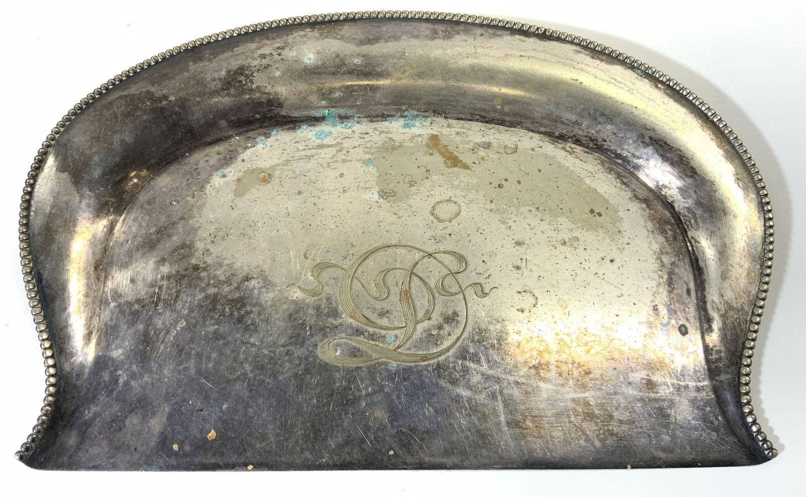 GORHAM ELECTRO PLATE Slv Monogrammed Crumb Catcher: Underside is inscribed GORHAM ELECTRO PLATE. Piece is monogrammed illegibly. Crumb catcher is vintage. Piece measures approximately 9.25 inches wide 6 inches deep. Crumb catcher, GORHAM crumb catcher,