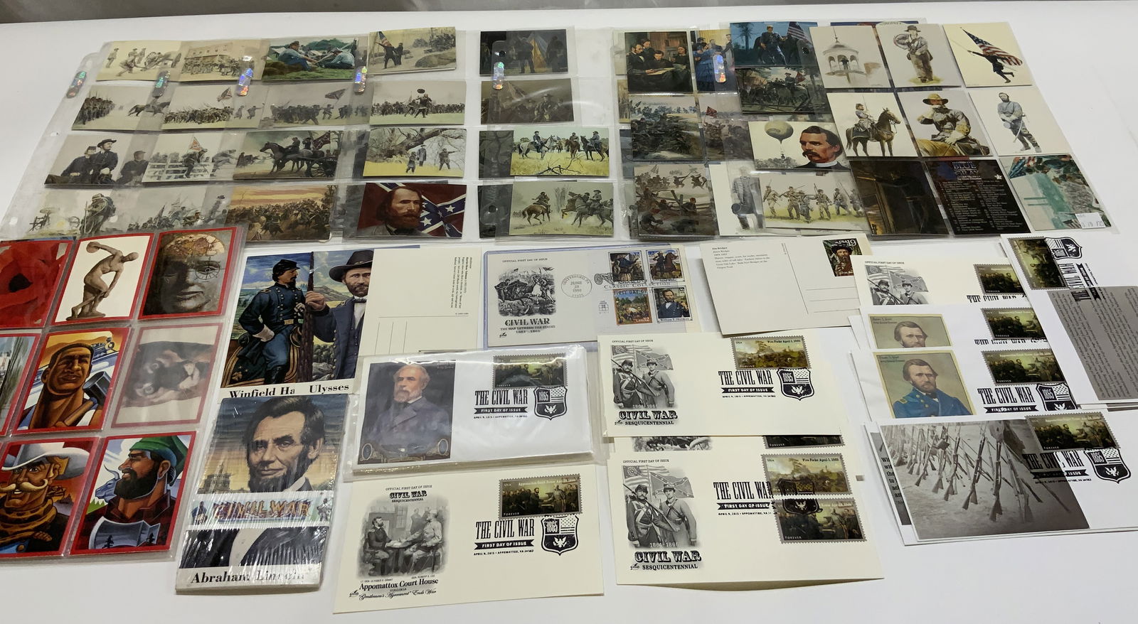 Group Lot Civil War FDC 1995, Art Cards&Postcards: Group Lot Civil War FDC 1995, Art Cards&Postcards Group lot of 30+ assortment of Civil War arts cards. Art done by Mort K?nstler, these cards depict fighting, riding horses, Abraham Lincoln, the confe