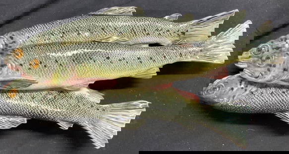 Vintage Trio Of Ceramic Trout Wall Hanging: Wall hanging appears to be vintage. Piece is ceramic. Depict a group of 3 trout fish. Piece has intricate detail to show facial and fish scale detail. Wall hanging measures approximately 13