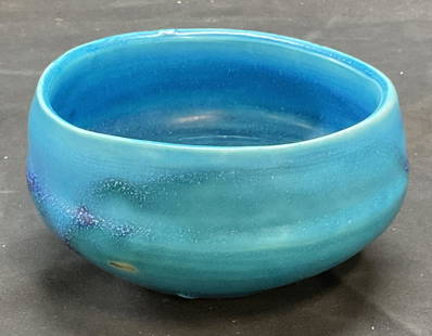Signed Handmade Blue Ceramic Bowl: Signed handmade ceramic bowl in blue. Signed on underside, illegible. Measures approx 4.75 x 2.75 inches. Some wear consistent with exposure. Bowl, ceramic bowl, blue bowl, handmade bowl, 