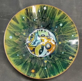 Hand Painted Green Enameled Metal Bowl