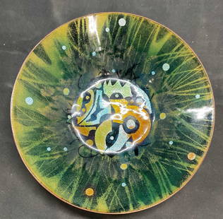 Hand Painted Green Enameled Metal Bowl: Enameled metal bowl. Hand painted decoration with abstract geometric design. Metallic accents. Measures approx 6.75 x 1.5 inches. Some wear including scratching. Enameled metal bowl, green bowl,