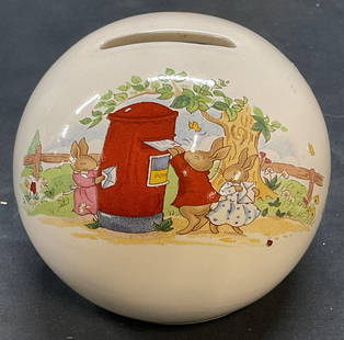 1936 Royal DOULTON Bunnykins Porcelain Bank: Vintage 1936 Royal DOULTON porcelain Bunnykins coin bank. Round shape with bunny rabbit motif. Signed on reverse. Made in England. Measures approx 4 x 3.25 inches some wear consistent with