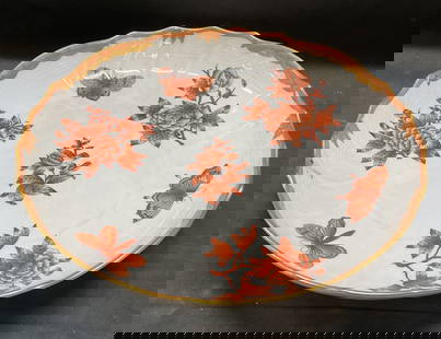 Herend Fortuna Porcelain Bowl, Hungary: Herend porcelain bowl. Fortuna pattern, floral and butterfly design in rust on white. Hand painted with gilt accents. Signed on underside. Made in Hungary. Measures approx 10.5 x 2 inches. Some