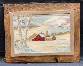 Signed E. Miller Winter Farm Scene Oil Painting