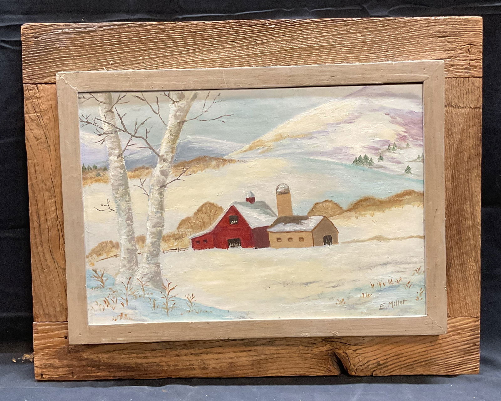 Signed E. Miller Winter Farm Scene Oil Painting (1 of 6)