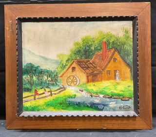 Signed La Foret Landscape Cottage Oil Painting