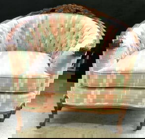 Vtg Wooden Tufted Plaid Horseshoe Back Chair