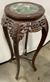 Vintage Asian Green Marble Carved Wood Plant Stand