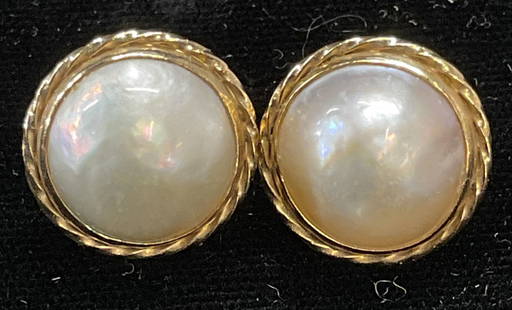 Signed Vtg B. A. B. 14k Gold & Pearl Stud Earrings: Signed vintage, possibly antique, B. A. B. 14k gold and pearl stud earrings. Post back. Signed B. A. B., possibly B. A. Ballou Company. Marked 14k. Measure approx. 5/8 inches wide. Total weight 4.7 gr