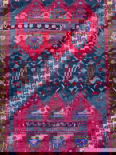 Vintage Handmade Iranian Wool Area Rug: Rug is handmade & wool. Rug is Iranian as reads on tag. Rug has intricate multi toned geometric detail. Piece has short cream toned fringe. Rug is vintage. Piece measures approximately 115 inches long