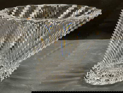 Rosenthal Cut Crystal Blossom Vase, Germany: Rosenthal Blossom vase, cut crystal with ribbed design and diamond pattern. Signed on underside. Made in Germany. Measures approx 7.5 x 5.5 inches. Some wear including scratching observed. Rosenthal,